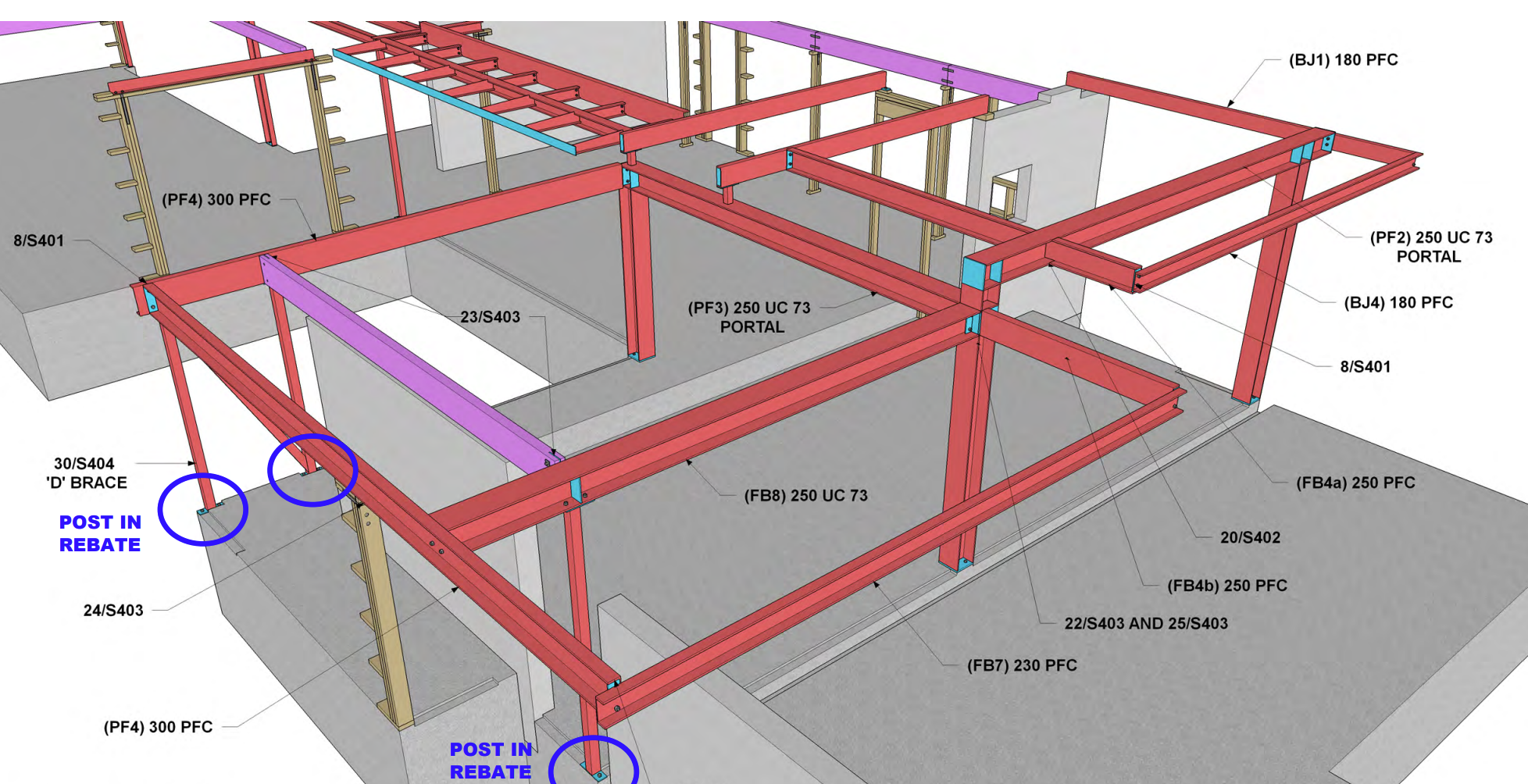 Structural 3D detail for the roof framing at 16 Kingfisher Grove, Greenhithe