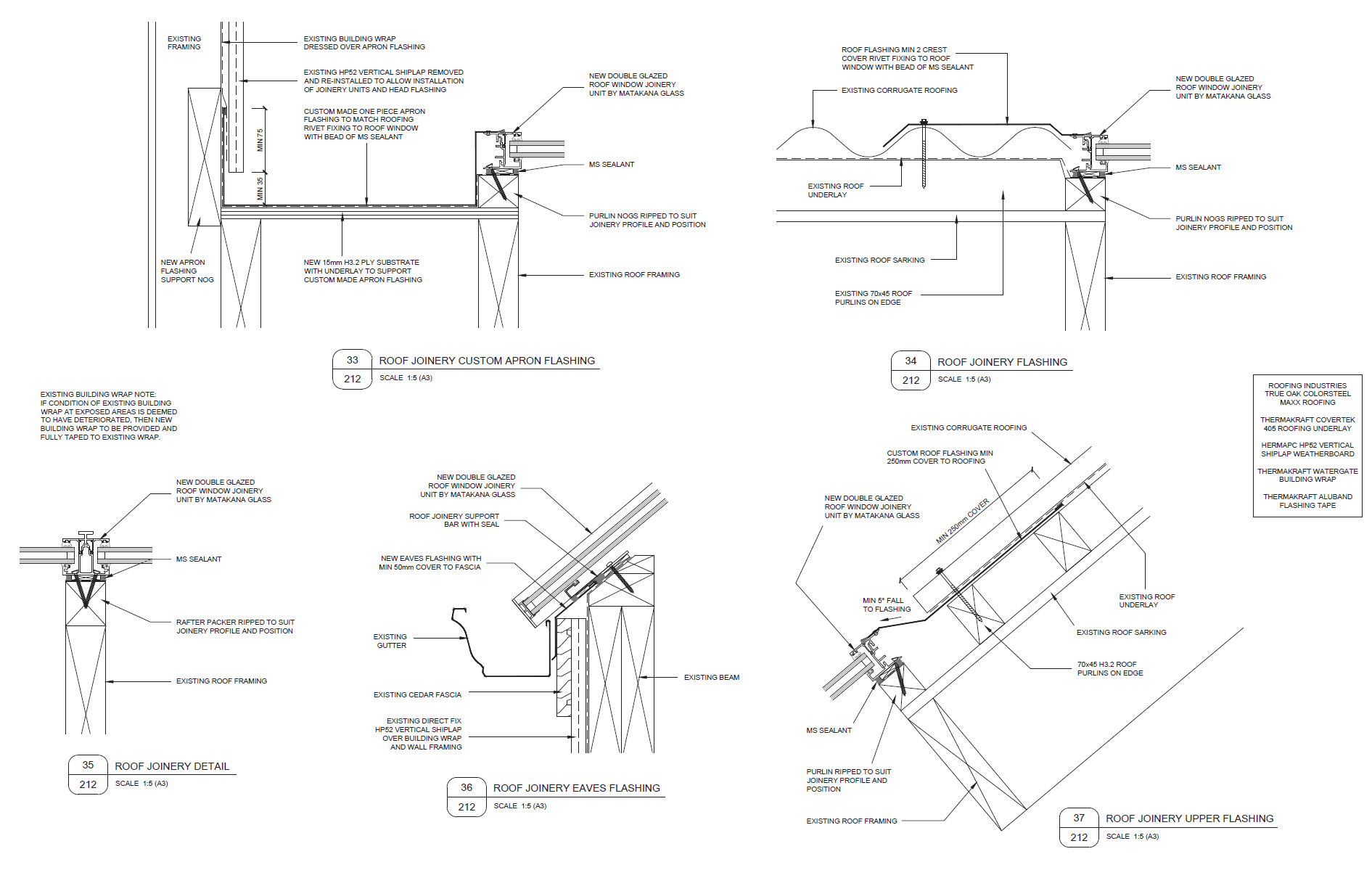 Detailed roof joinery and flashing sections