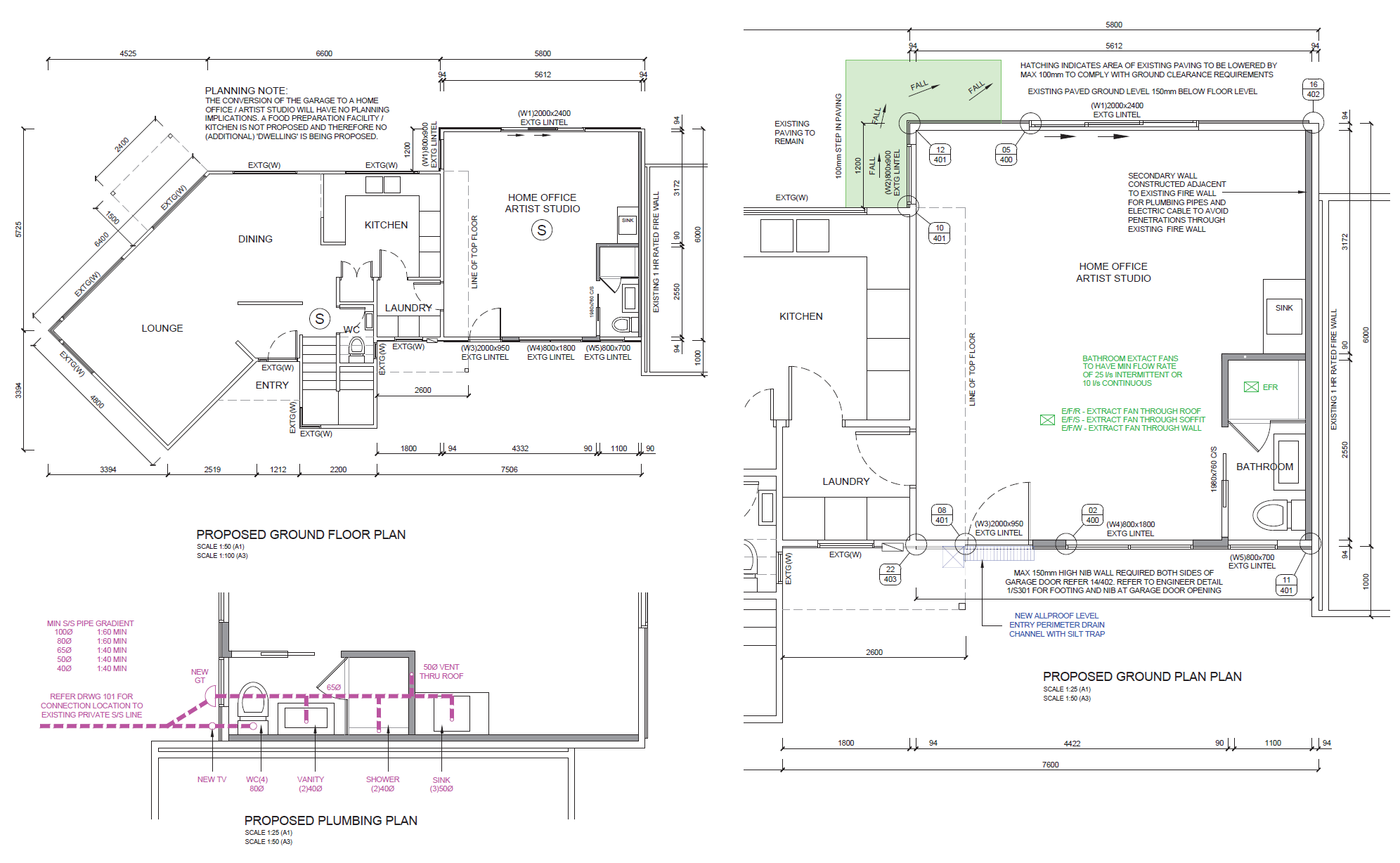Proposed floor and plumbing plans for the garage-to-studio conversion