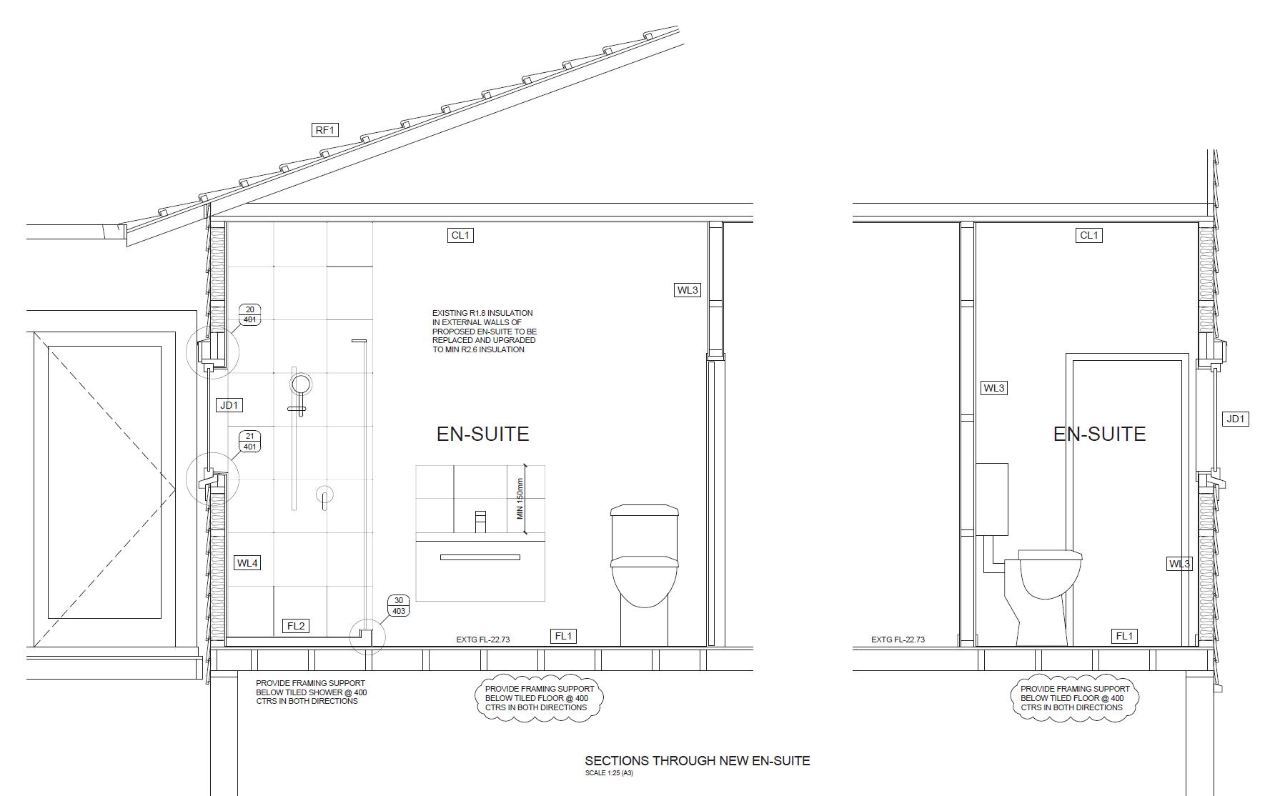 Bathroom sections and construction details for Birkenhead