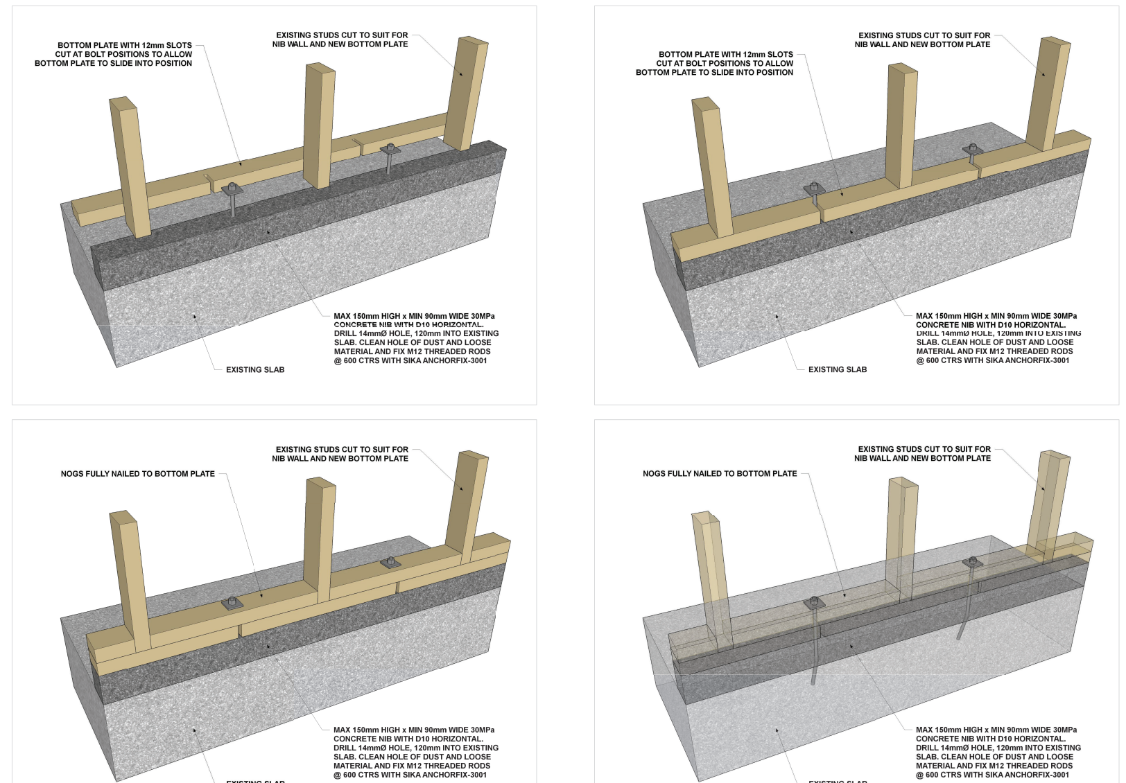 Construction detail drawings for the nib wall and bottom plate
